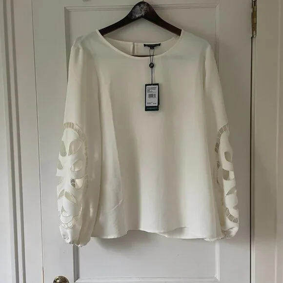 Adrianna Papell Blouse Women's Cream Crewneck Cutout Sleeve L NWT - Picture 2 of 7